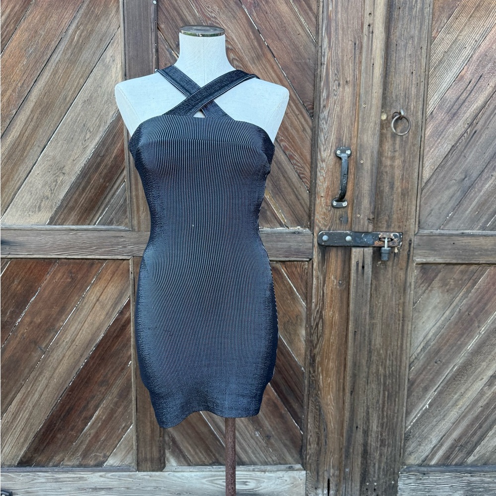 Guess by Marciano Black and Gray Metallic Bodycon Mini Dress XXS
